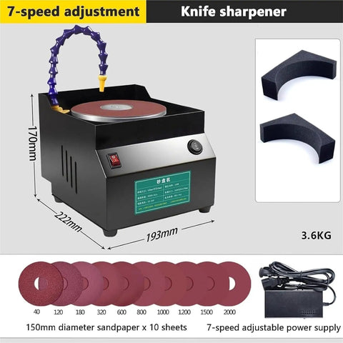 Rugged Benchtop Electric Sander And Water Cooled Knife Sharpener With 10 Sandpaper Discs Seven Variable Speeds Up To 3350 Rpm for quick sharpening.