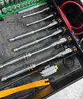 Magnetic Ratchet Holder Set For Toolbox with three modular holders for 1/4, 3/8, 1/2 inch wrenches and sockets, in a garage setup.