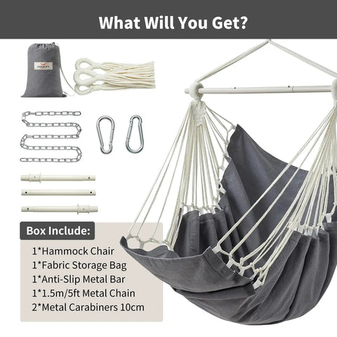 Components of Heavy Duty Hanging Hammock Chair Swing With Footrest For Outdoor Patio Porch Lounge Up To 500 Lbs, Dark Grey
