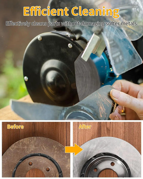 4 Pack 6 Inch Fine Crimped Wire Wheel For Bench Grinder With One Half Inch And Five Eighth Inch Arbor Beefy Wire Brush showing before and after cleaning rust from a metal part