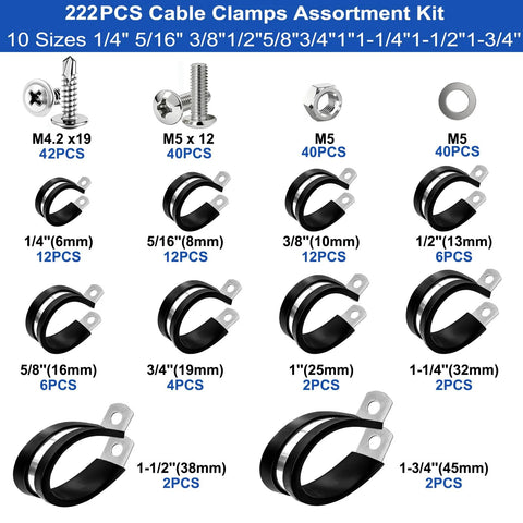 Cable clamps set, 222 pcs, rubber-cushioned metal clamps in 10 sizes from 1/4" to 1-3/4", screws included, Amazon