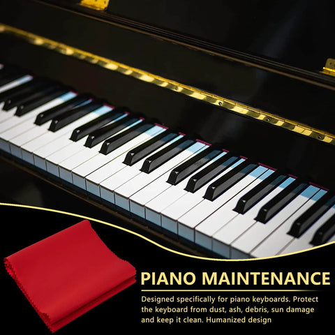 Red 88 Key Piano Keyboard Dust Cover Two Pack For Upright Grand Pianos, Digital Pianos And Electronic Keyboards, Protective Cloth Key Covers To Keep Your Keys Clean And Safe shown next to a piano keyboard.