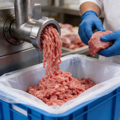 Clear Poly Meat Lug Liners Set, 25 Count, 21x22 Inch, 2.5 Mil Food Grade Tub Liners used for ground meat processing in blue tub