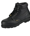 Steel Toe Work Boots For Men Leather Oil Resistant Slip Resistant And Heat Resistant Heavy Duty Safety Boots Built For Tough Job Sites In Industrial And Construction Wide Width US 15W Electrical Hazard Approved, black boot side view.