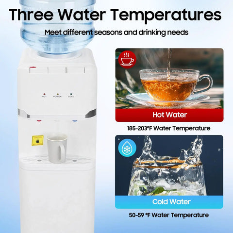 Hot And Cold Water Cooler Dispenser For 5 Gallon Bottle With Top Loading Design featuring three temperature settings