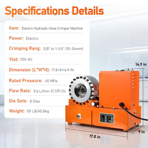 Electric Hydraulic Hose Crimper Portable Power Tool With Eight Precision Dies And Real Time Pressure Gauge For Rubber Nylon Wire Braided Hoses, shown with specs and dimensions.