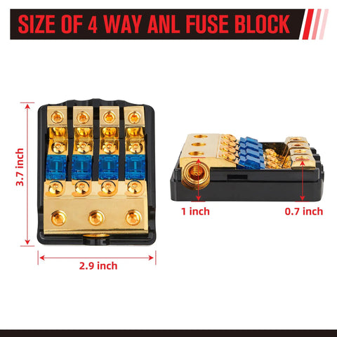 Size dimensions of 4 Way Mini Anl Fuse Holder 60A Fuse Distribution Block measuring 3.7x2.9x1 inch for car and marine use.