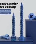35 Pcs 1/4 X 2-1/4 Inch Concrete Screws Anchor With Drill Bit And Magnetic Driver Bit Included For Brick Stucco And Block Jobs Blue Epoxy Coated Diamond Point Hex Head showing blue epoxy coated screws against blue background