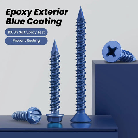 35 Pcs 1/4 X 2-1/4 Inch Concrete Screws Anchor With Drill Bit And Magnetic Driver Bit Included For Brick Stucco And Block Jobs Blue Epoxy Coated Diamond Point Hex Head showing blue epoxy coated screws against blue background