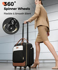 Businesswoman walking with underseat carry on luggage with spinner wheels 16 inch rolling laptop bag airline approved.