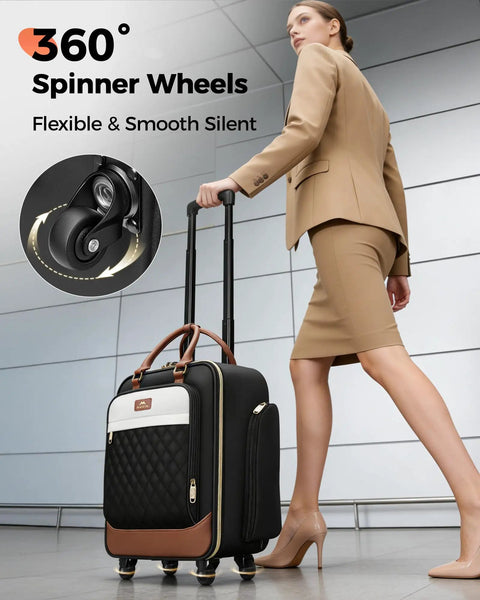 Businesswoman walking with underseat carry on luggage with spinner wheels 16 inch rolling laptop bag airline approved.