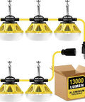 Rugged 50 Ft LED Construction String Lights With 5 Sockets 100W 13000LM Aluminum Housing Work Light, shown with box