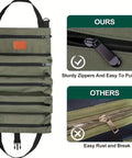 Five Pocket Tool Roll Organizer Pouch with zipper pockets, adjustable buckle; durable canvas for DIY tasks, tools, and crafts.