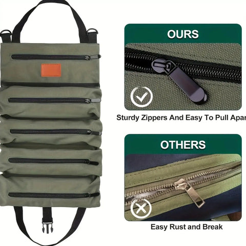 Five Pocket Tool Roll Organizer Pouch with zipper pockets, adjustable buckle; durable canvas for DIY tasks, tools, and crafts.