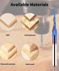 EANOSIC 5pc tapered ball-nose end mill kit; 1/8 in shank; shows MDF/particleboard/plywood/solid options with router bit.