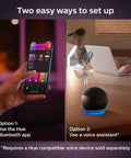 Two setup options for Smart 40W BR39 Color Changing LED Bulb With White And Color Ambiance using Hue app and a voice assistant.