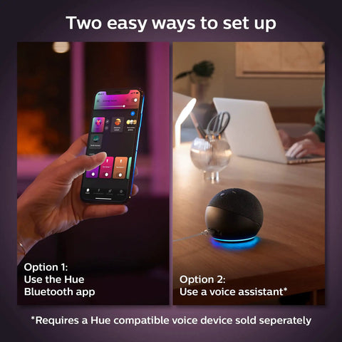 Two setup options for Smart 40W BR39 Color Changing LED Bulb With White And Color Ambiance using Hue app and a voice assistant.
