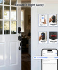 Eight In One Fingerprint Smart Door Lock With Integrated Touchscreen Keypad And Heavy Duty Zinc Alloy Handle Designed For Seamless Keyless Entry Hella Secure Matte Black Edition on modern white door with touchscreen display.