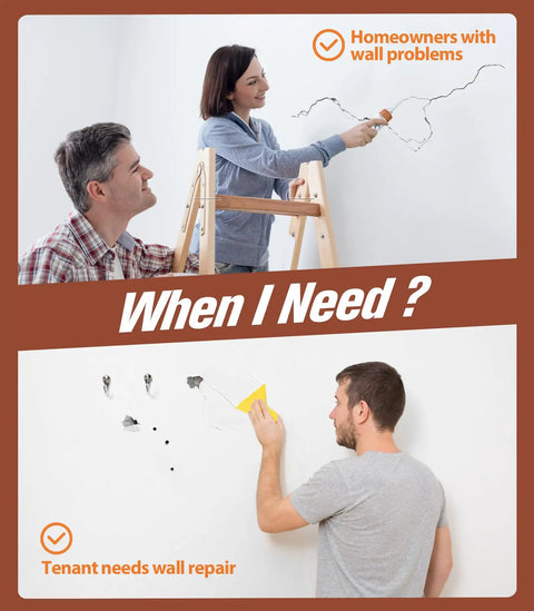 Two Pack Wall Patch Repair Kit For Quick Hole And Crack Fix being used by individuals to fix wall issues in a home setting.