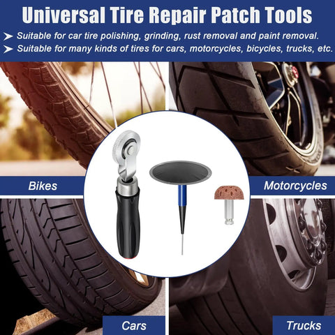 All In One Tire Patch Kit 24 Plus 3 Pieces For Puncture Repair With 36 46 60 Mm Patches displayed with bikes and cars