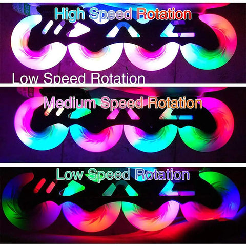 Inline Skate Wheels 8 Pack Replacement Set For Outdoor And Indoor Use, 72mm 76mm 80mm, durable PU wheels with LED lights at different speeds.