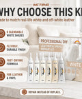 No Sweat Professional Leather And Vinyl Repair Kit For Seamlessly Blending White Cream And Light Gray Color Shades Onto Sofas Home Couches Car Boat And Bags, showing six blendable shades.
