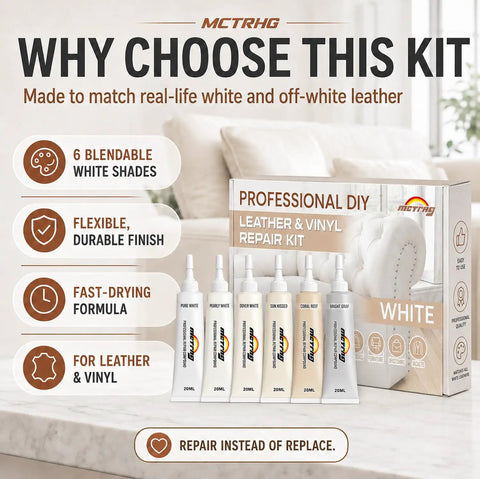No Sweat Professional Leather And Vinyl Repair Kit For Seamlessly Blending White Cream And Light Gray Color Shades Onto Sofas Home Couches Car Boat And Bags, showing six blendable shades.