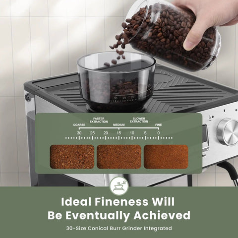 Next Level Espresso Machine With Built In Burr Grinder displaying coffee beans and 30-size grind settings for fine espresso.