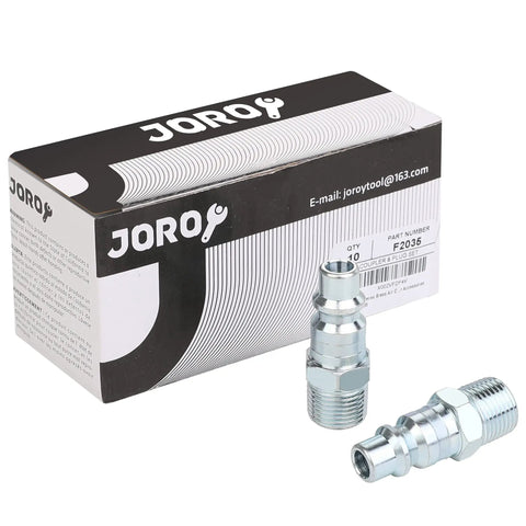 Box and two fittings from Three Eighth Inch High Flow Pro Grade Air Compressor Fittings Kit With M Type Plug, Three Eighth Inch Male Threads
