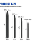 Four sizes of hardened steel punches for metal and wood, part of the 4-Piece Center Punch Kit for Metal and Wood Marking with Precision Points.