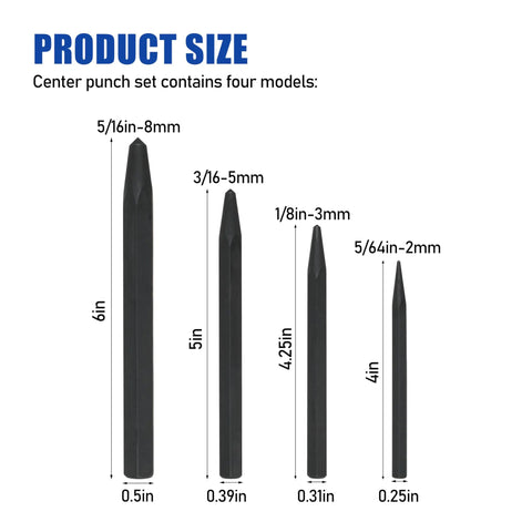 Four sizes of hardened steel punches for metal and wood, part of the 4-Piece Center Punch Kit for Metal and Wood Marking with Precision Points.