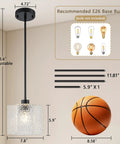 BOKUNOFU Glass Pendant Light Kitchen Island, adjustable 50.6" height, textured glass shade, modern black design.