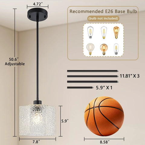 BOKUNOFU Glass Pendant Light Kitchen Island, adjustable 50.6" height, textured glass shade, modern black design.