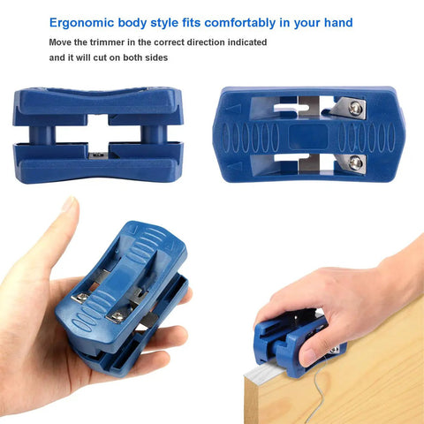 Go To Edge Banding Trimmer For Veneer And Laminate Edges in blue, handheld, showing ergonomic grip and dual blades in use.