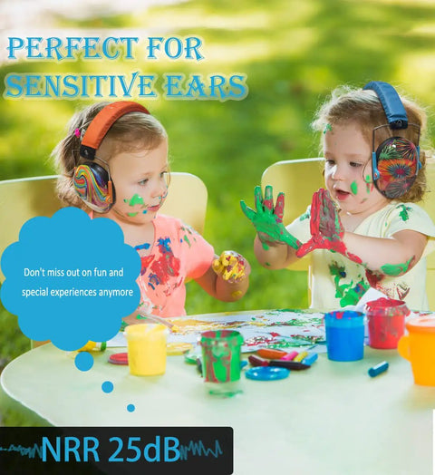 Children wearing Kids Ear Protection Earmuffs With Adjustable Headband NRR 25dB, bright colors, playing with paint at a table.