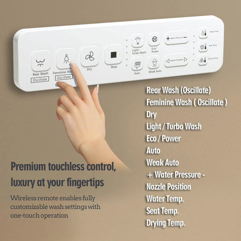 Smart remote for Upgraded Elongated Bidet Toilet Seat With Adjustable Warm Wash And Hot Air Dryer featuring control buttons.