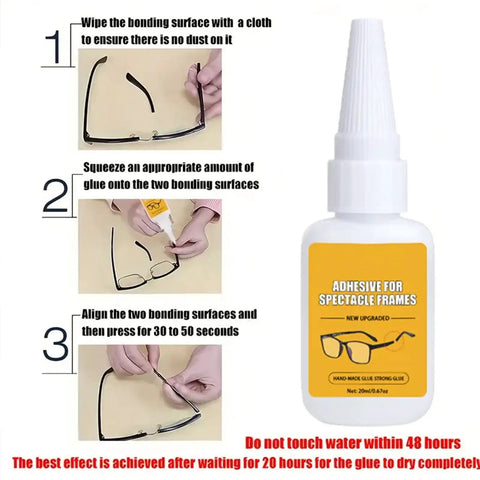 Eyeglasses Temples Repair Glue 20ml Quick Bonding for Metal and Resin Frames with application instructions in background