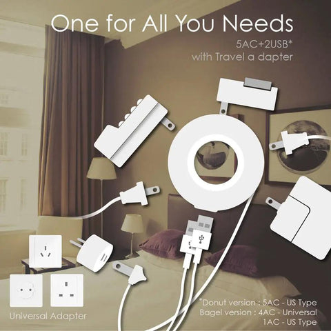 Donut Power Strip With Five Sockets And Two USB Ports, Space Saving Accessory shown in room, travel ready adapters displayed.