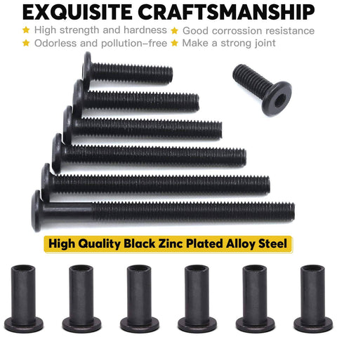 85 Piece M6 Hex Socket Cap Bolts And Barrel Nuts Set With 7 Sizes 16 25 35 45 55 65 75mm Includes 42 Bolts 42 Nuts And Hex Key Built For Belt Buckles Leather Furniture Crib And Binding Posts, black zinc plated bolts and nuts shown