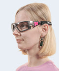All Day Comfort Anti Fog Safety Goggles For Women With HD Scratch-Resistant Lenses, showing side view, purple frame, close-up fit