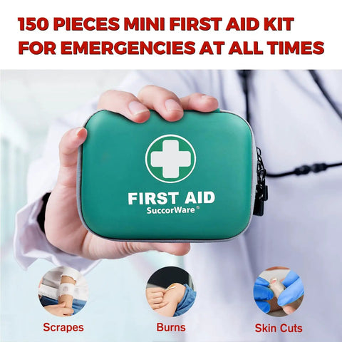 Person holding the Ultra Compact 150 Piece First Aid Kit With Hard Shell, Emergency Medical Kit For Car, Travel, Home, Outdoor, Camping And Hiking, Lightweight Green Case.