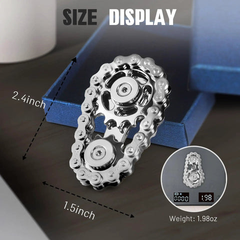 Metal Fidget Spinner With Bike Chain Design For Adults Durable 304 Stainless Steel Sensory Toy size and weight displayed
