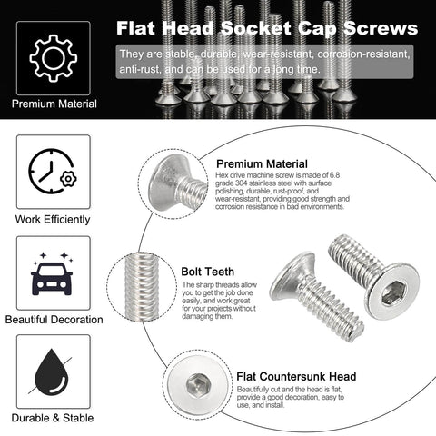 Image showing features of M2 By 6mm Flat Head Socket Cap Screws 100 Pack Durable 304 Stainless Steel 18 8 Machine Screws Flat Countersunk Bolts