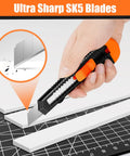 24 Pack Box Cutters With 18mm Snap Off Pro Grade Blades cutting cardboard, black and orange handle seen in use