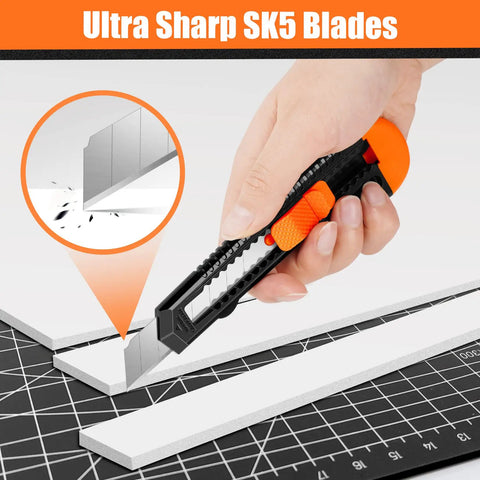 24 Pack Box Cutters With 18mm Snap Off Pro Grade Blades cutting cardboard, black and orange handle seen in use