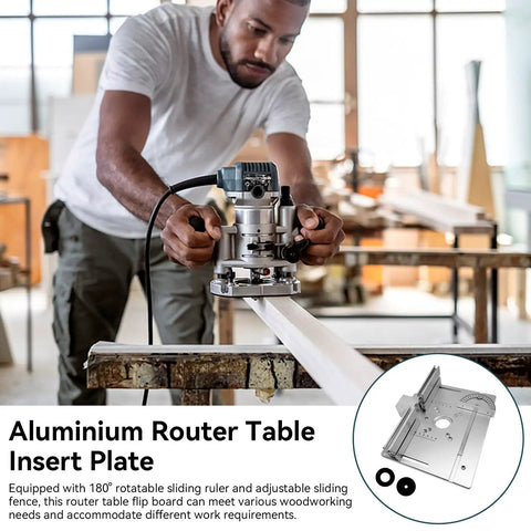 Woodworker using a router on a wooden board with a 2 in 1 Router Table Insert Plate for Woodworking Bench Top visible.