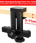 Cabinet Door Positioning Tool Jig With Quick Edge Positioner clamping a wooden panel, showing 9-75mm range markings.