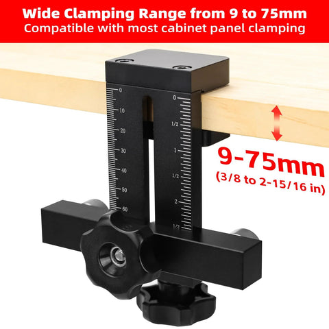 Cabinet Door Positioning Tool Jig With Quick Edge Positioner clamping a wooden panel, showing 9-75mm range markings.