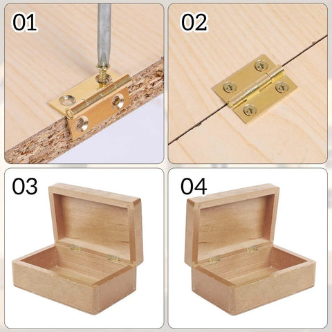 Eight Piece One Inch Brass Hinges Set With Thirty Eight Gold Screws For Jewelry Boxes Small Cabinets Drawers And Folding Cabinets