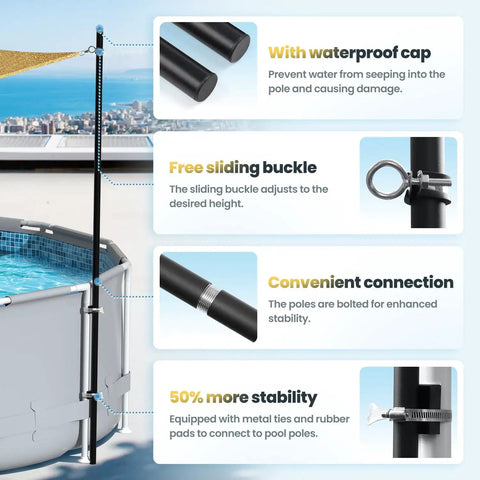 Above Ground Pool Shade Kit With Storage Tray, UV Resistant Shade Sail For 15 To 22 Ft Pools, features of poles and setup details